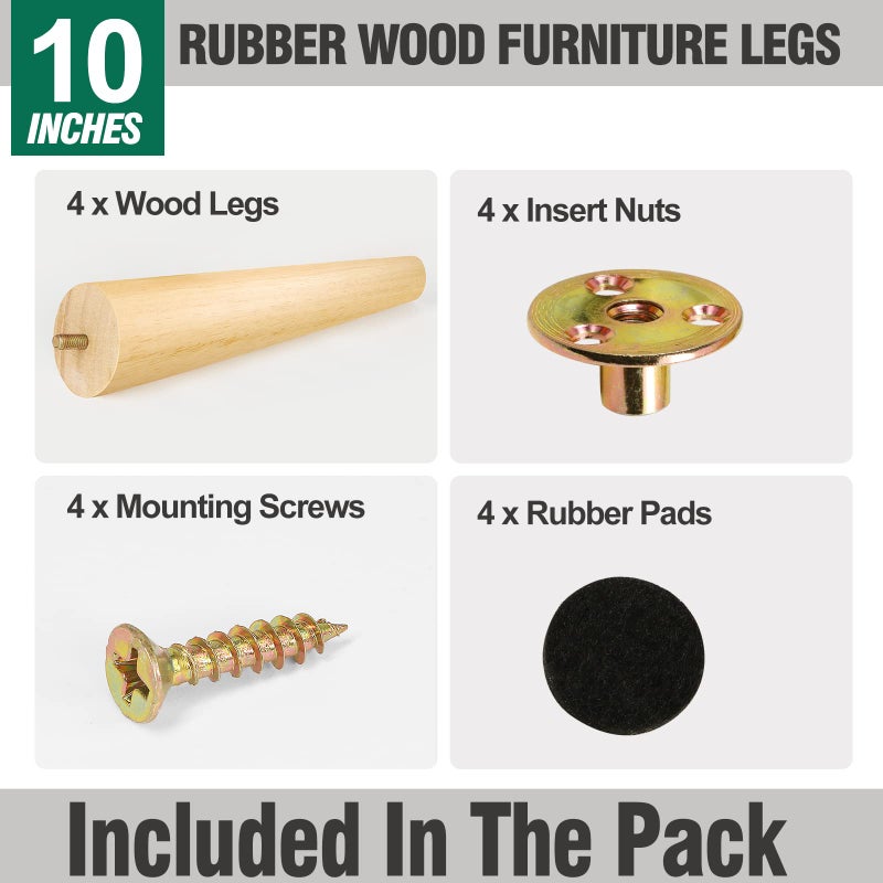 FoDau770 Rubber Wood Furniture Legs 10 Inches, Slant Tapered Wood Legs Mid Century Sofa Legs Set of 4, 5/16"" UNC Furniture Feet Replacement Legs for Cabinet Sofa Couch Dresser Chair Ottoman Table - Image 2